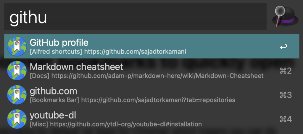Alfred tip: use browser bookmarks to quickly open pages