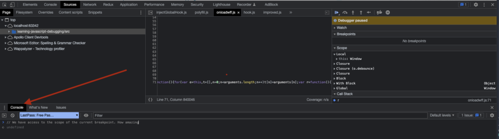 Open Chrome DevTools' interactive console at any breakpoint