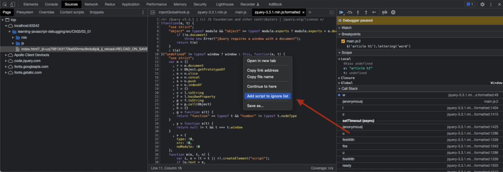 Ignore scripts in the Chrome DevTools debugger