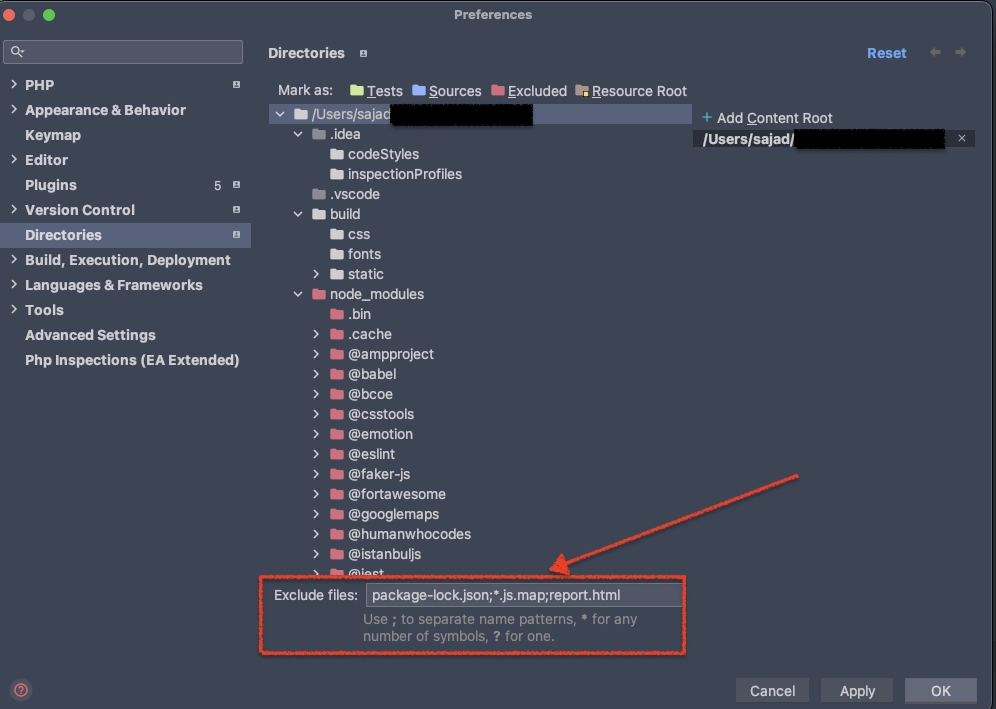 Exclude files or directories from JetBrains search