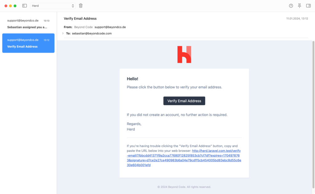 Laravel Herd email overview