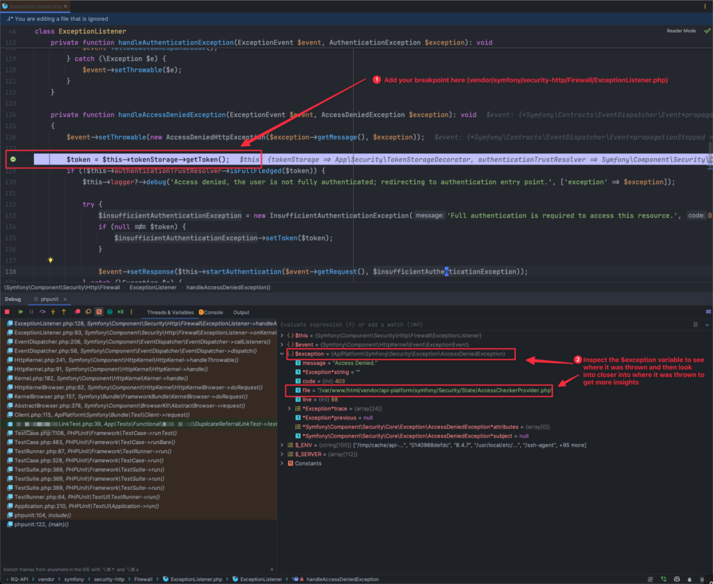 Find out cause of 403 error in Symfony PHPUnit test