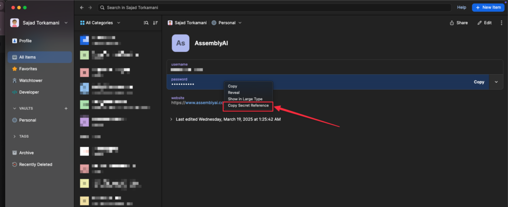 Copy 1Password secret reference via the desktop app