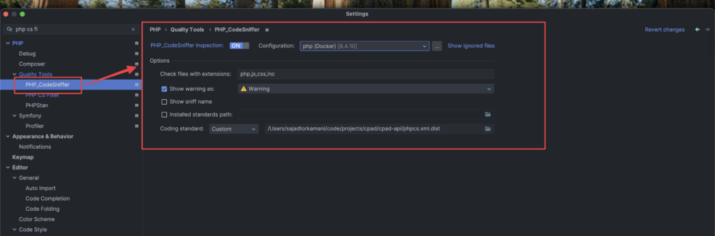 Integrate PHP_CodeSniffer with PHPStorm