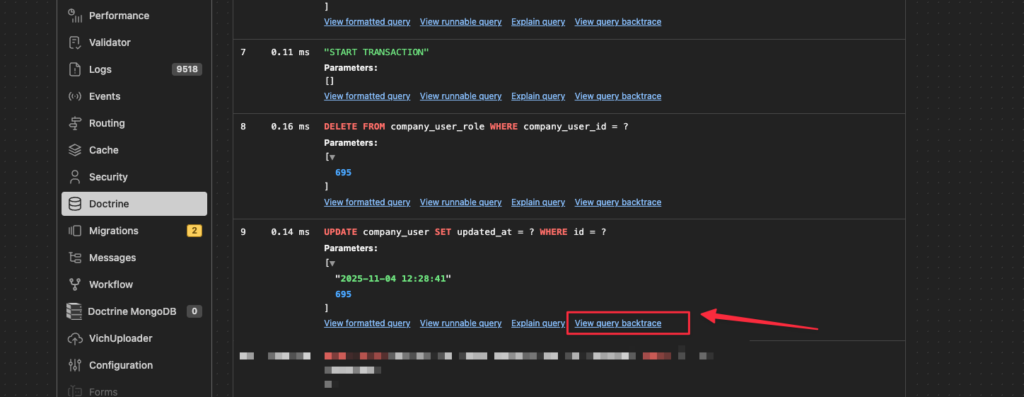 How to see what code executed a Doctrine query