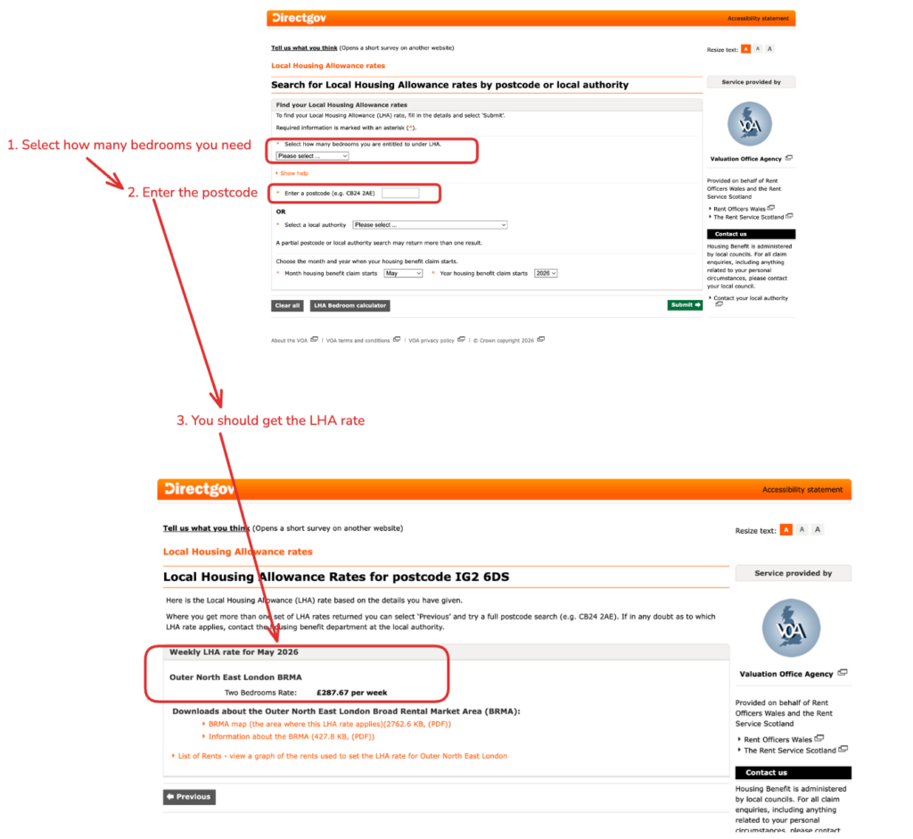 How can I check the LHA rate for a particular property type and location?